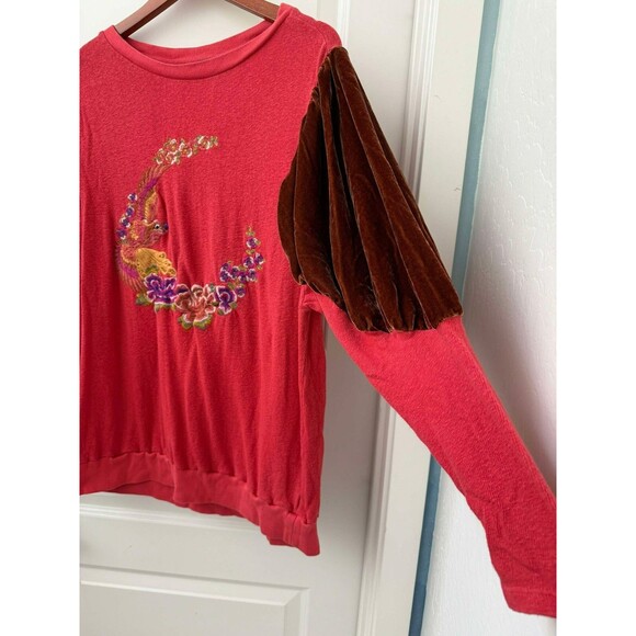 Free People Women's Embroidered Floral Velvet Oversized Red Sweater sz. Small - Picture 3 of 6